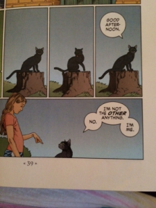 Coraline meeting the friendly black cat for the very first time. See the moment-to-moment/panel-to-panel scene we are in, with the cat licking his back. I wonder if we really need such a miniscule scene (page 39).